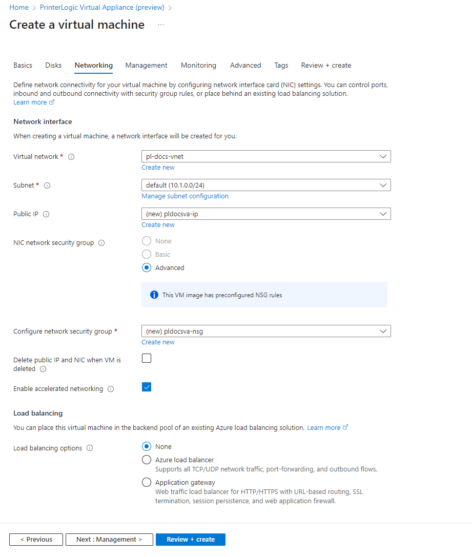 Networking tab of the Create a virtual machine modal.