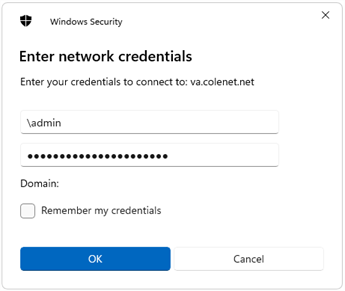 Authentication modal with username and password fileds for connecting to the share drive.