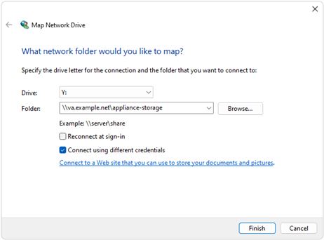 Map Network Drive modal showing the Drive and Folder dropdowns and the connect using different credentials option checked.