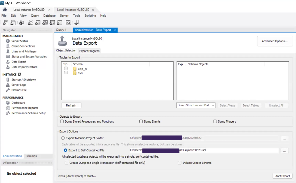 MySQL Workbench showing the Data Export tab and options. MySQL Workbench showing the Data Export tab and options.