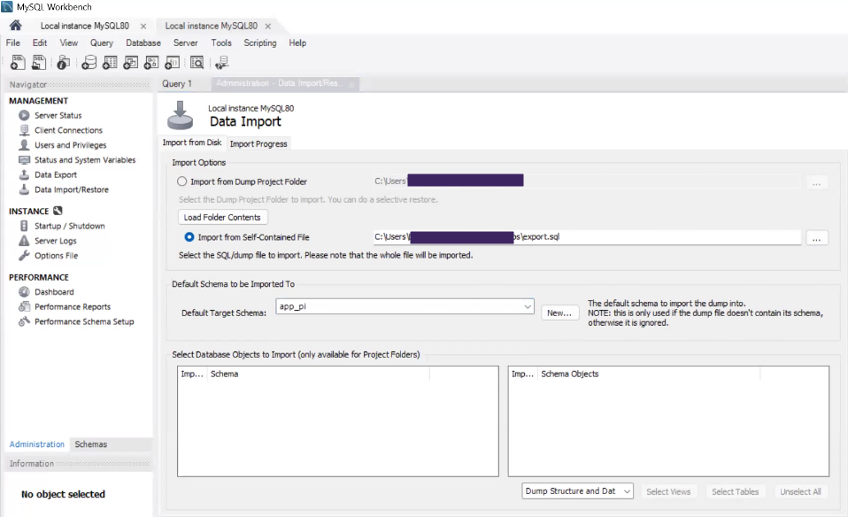 MySQL Workbench showing the Data Import tab and its settings. MySQL Workbench showing the Data Import tab and its settings.