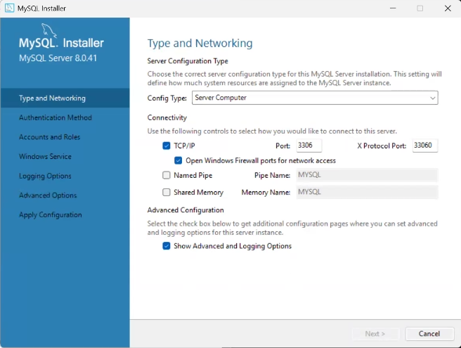 MySQL Installer showing "Type and Networking" tab. MySQL Installer showing "Type and Networking" tab.