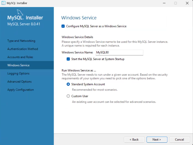 Windows Service tab of the MySQL Installer wizard showing the differnent options. Windows Service tab of the MySQL Installer wizard showing the differnent options.