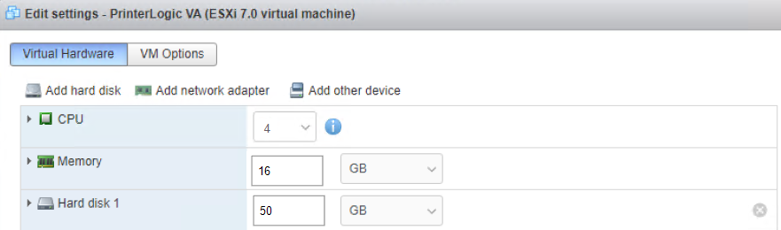 ESXi virtual hardware pop-up with the Memory section highlighted where minimum size can be adjusted.