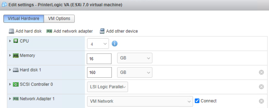 ESXi virtual hardware pop-up with the Memory section highlighted where minimum size can be adjusted.