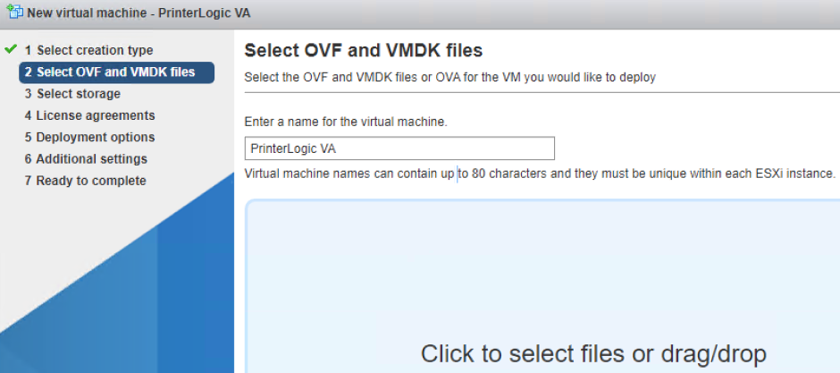 New Virtual Machine window showing the fields to enter the virtual machine name and upload the OVA file in ESXi highlighted.