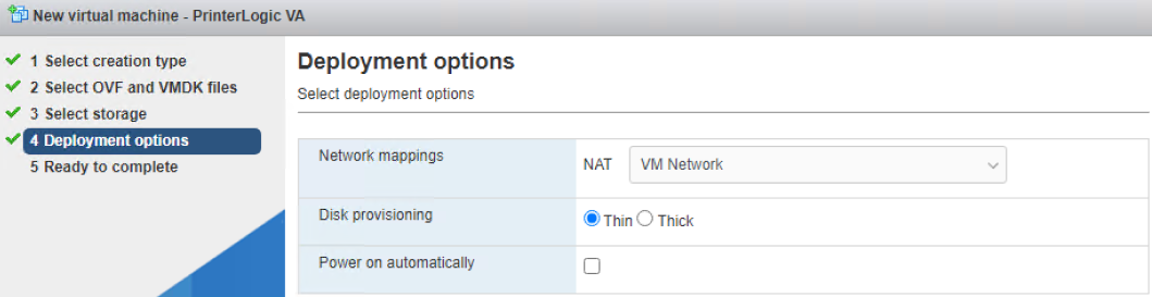Esxi wizard showing the network mappings drop-down, disk provisioning options, and power on automatically option.