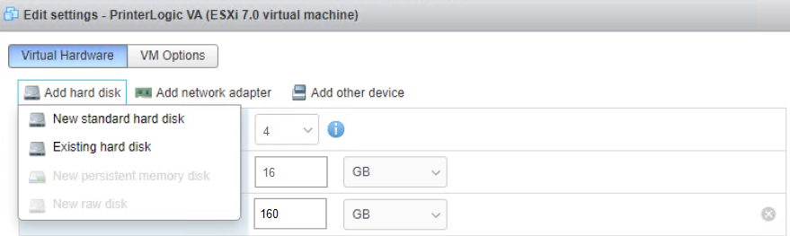 ESXi virtual machine Edit settings with Add hard disk and New standard hard disk options highlighted.