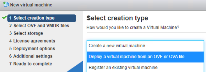 New virtual machine ESXi wizard, showing the Deploy a virtual machine from an OVF or OVA file options and the Next button highlighted in the lower right.