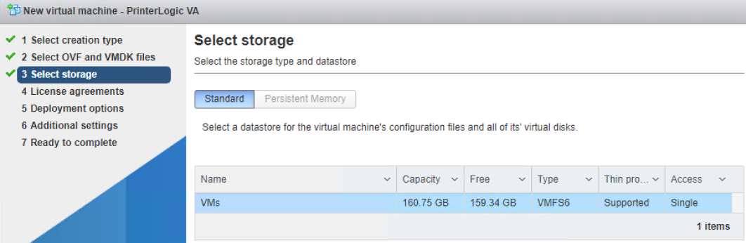 ESXi wizard where you select the storage option for the virtual machine, and the Next button in the lower right is highlighted.