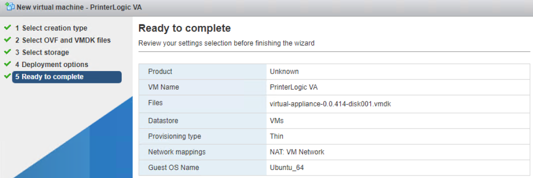 ESXi wizard summary settings with the Finish button highlighted in the lower right.