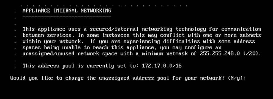 VA web console, Would you like to change the unassigned address pool for your network setting highlighted.