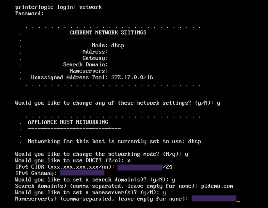 VA web console, after logging in with network settings credentials, with the adjustable network settings all displayed and highlighted.