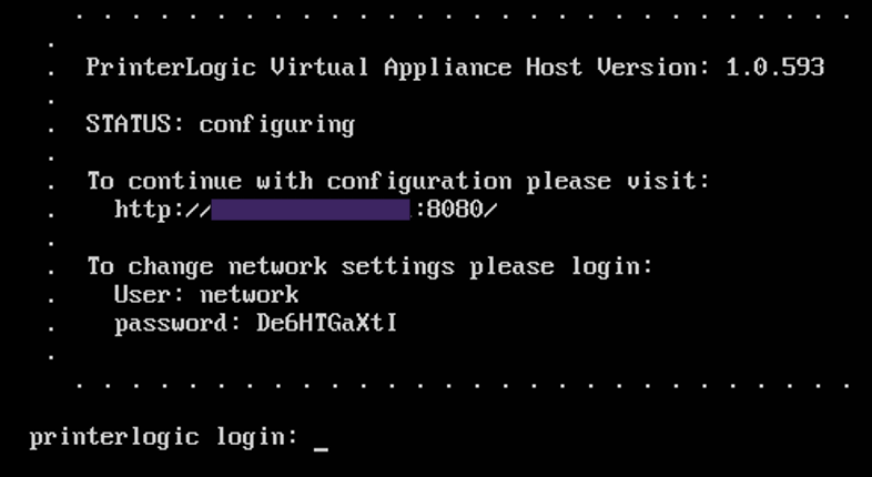 VA web console showing basic settings with the network settings credentials highlighted.