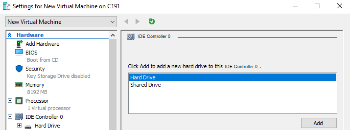 SCSI Controller tab with Hard Drive option selected and the Add button showing to the lower right.