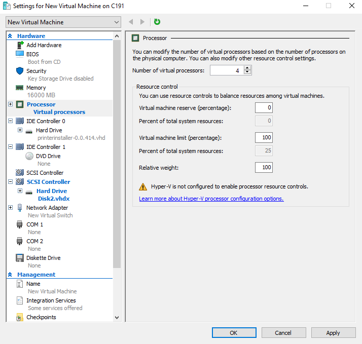 Settings tab with Processor selected, and processor count changed to four.