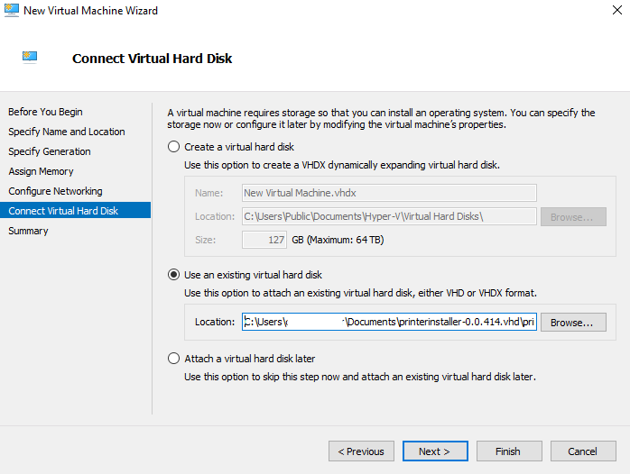 VM Wizard with an arrow pointing to the Use an existing virtual hard disk option and field to browse for the location path.