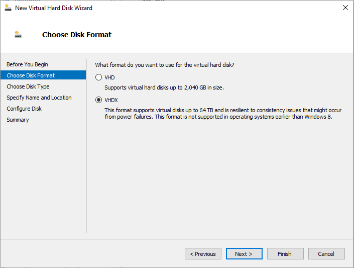 New Hard disk wizard with the VHDX option selected.
