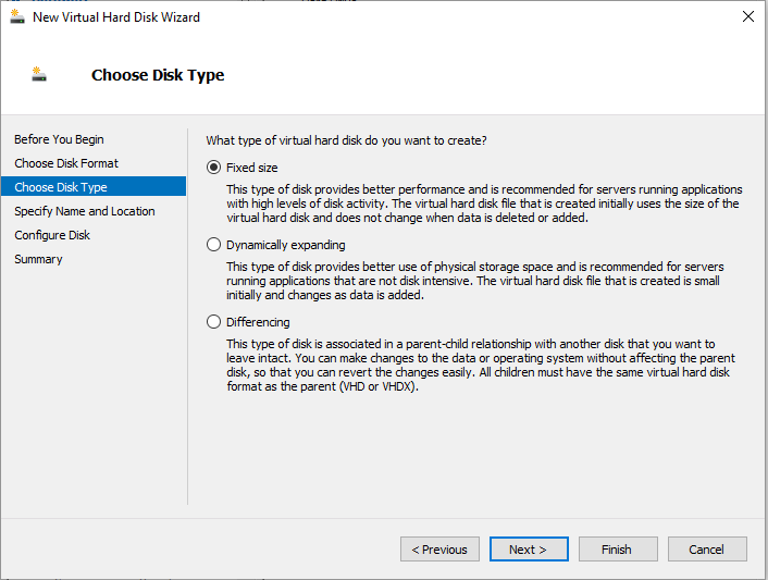 Disk type options including Fixed Size, Dynamically expanding, and Differencing.