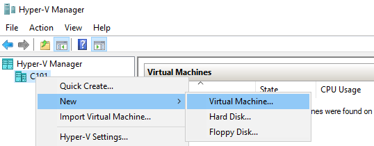 New Virtual Machine setting seen after right-clicking the server icon in the interface.
