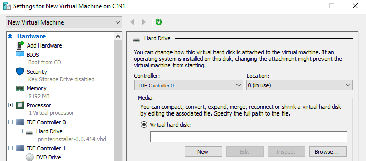 Hard Drive section with an arrow pointing to the New button to start the hard disk wizard.