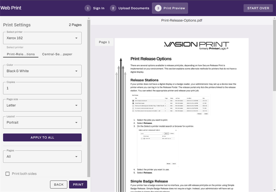 Web Print Preview screen. Web Print Preview screen showing the printer settings on the left and the document preview on the right.