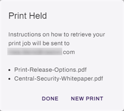 Print Held modal Print Held modal with options to complete or start a new print.