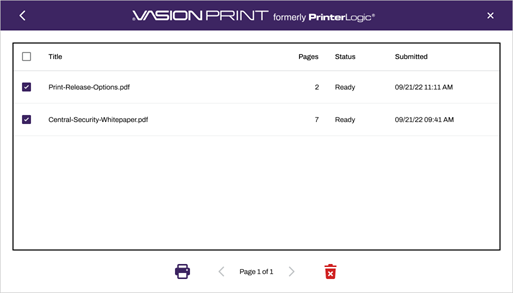 Print Release screen. Print Release screen showing two print jobs selected.