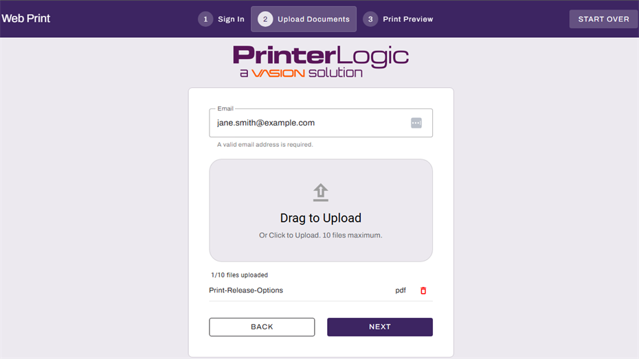 Web Print portal showing the guest upload page. Web Print portal showing the guest upload page with one file uploaded.