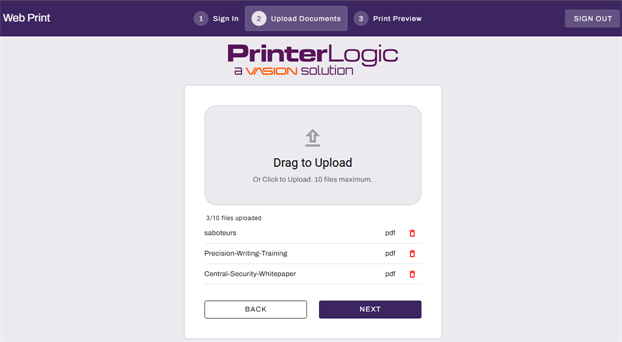 Web Print portal upload page. Web Print Portal upload page showing three uploaded files.