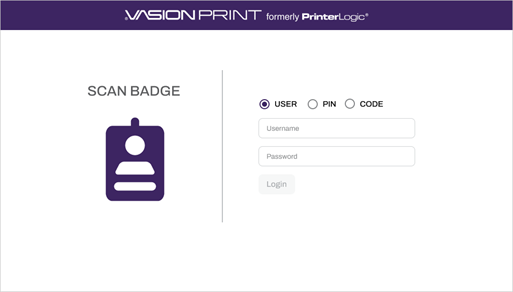 Installed control panel application showing the options for User authentication with username, password, pin, and also the Scan Badge option.