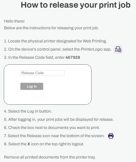 Email template for Web Print showing the steps for guests to release their jobs.