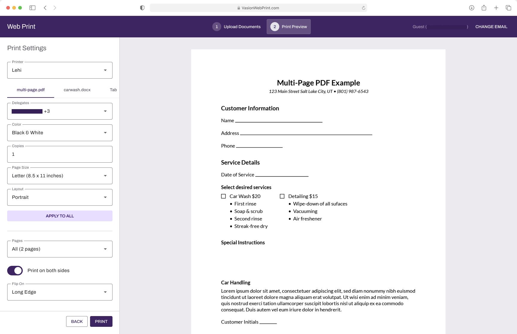 Web Print Preview screen. Web Print Preview screen showing printer settings panel and the document preview.