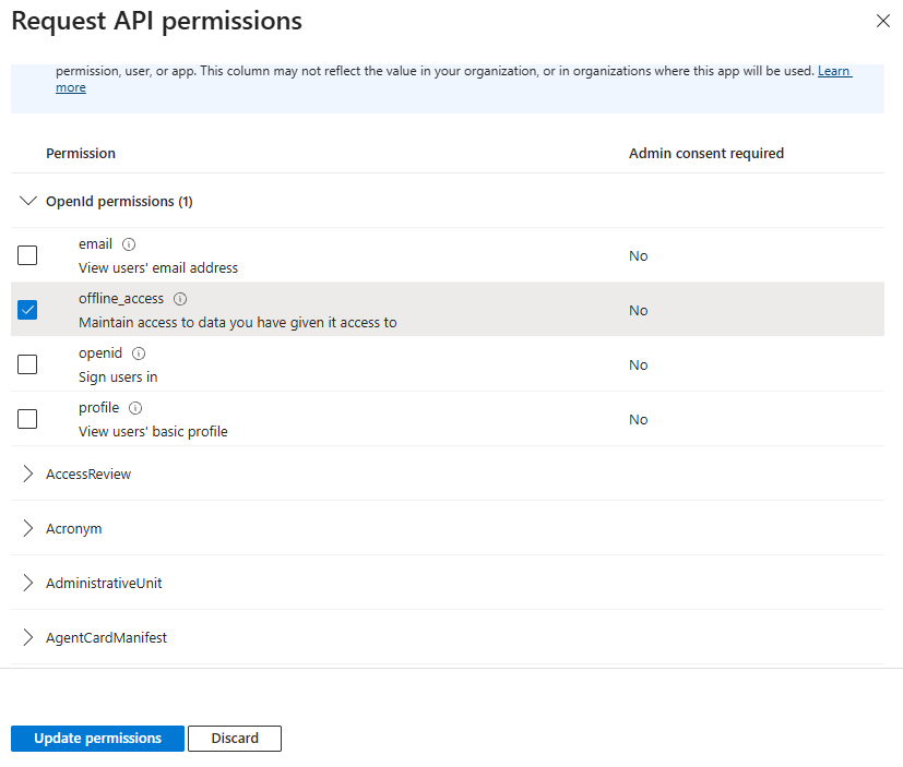 Request API Permissions page in Entra.