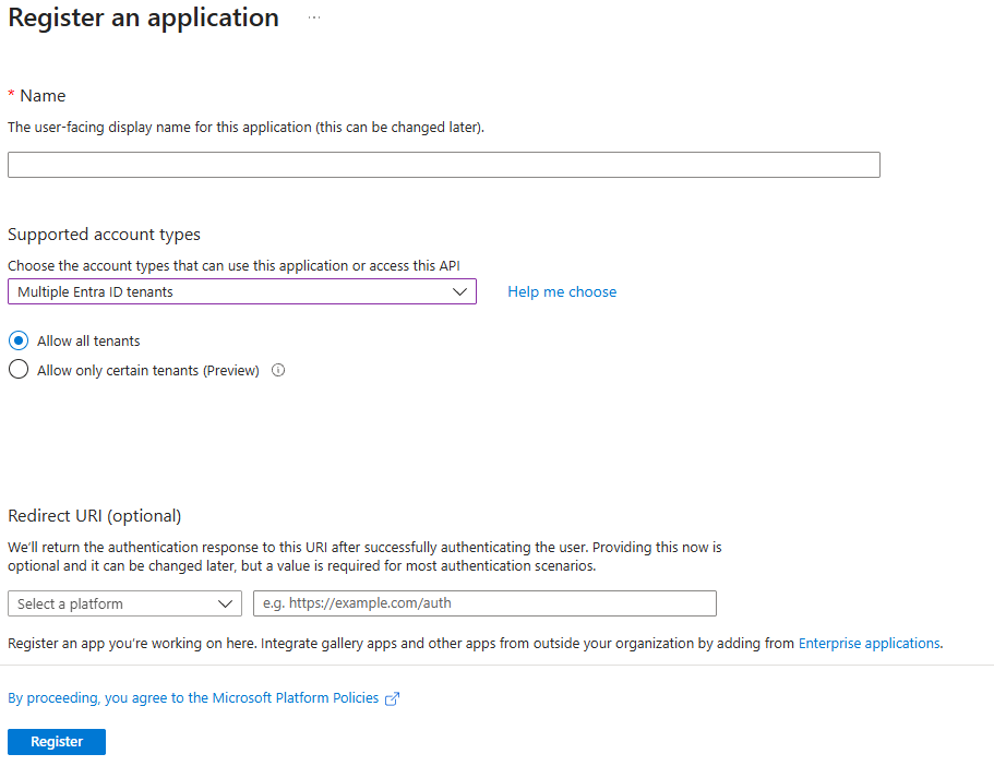 Register an application modal in Entra.