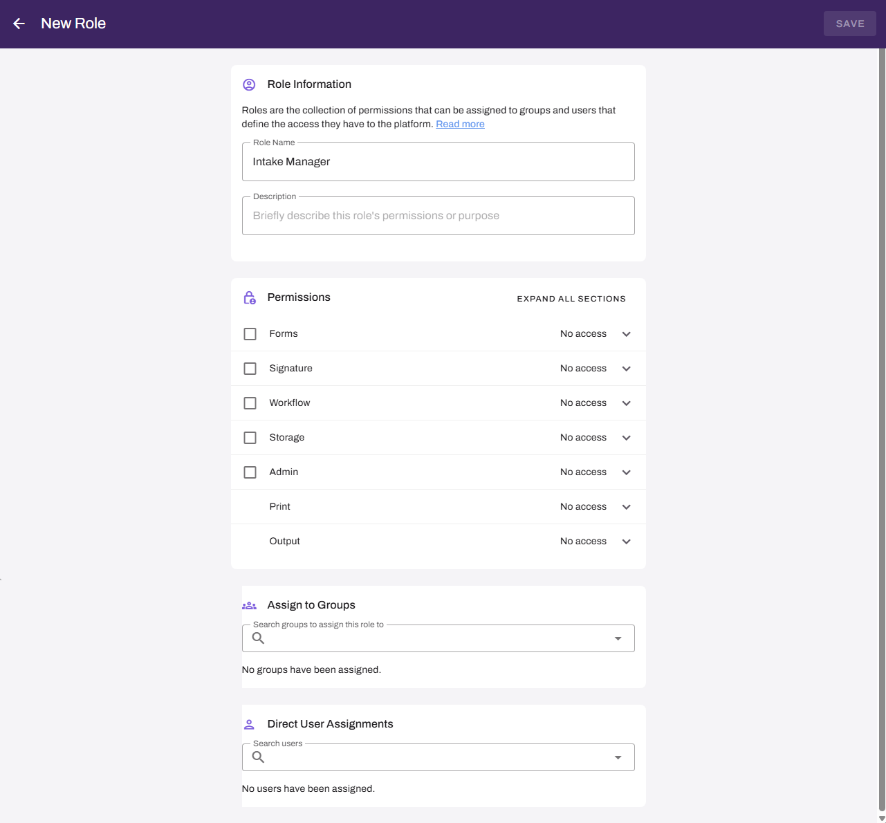 Vasion Automate showing New Role page. Vasion Automate showing New Role page.