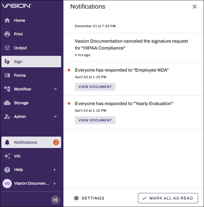 Vasion Automate showing Notifications panel. Vasion Automate showing Notifications panel.