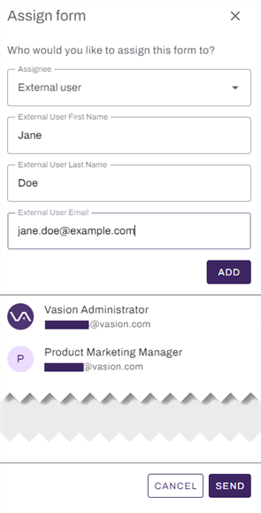 Vasion Automate showing "Assign form" panel with internal and external users. Vasion Automate showing "Assign form" panel with internal and external users.