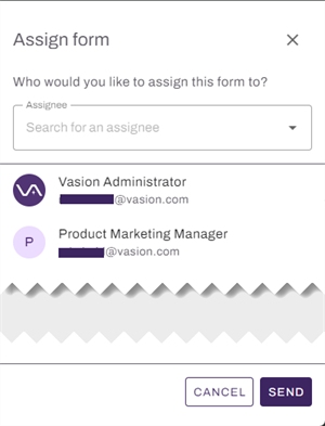 Vasion Automate showing "Assign form" panel with internal users. Vasion Automate showing "Assign form" panel with internal users.