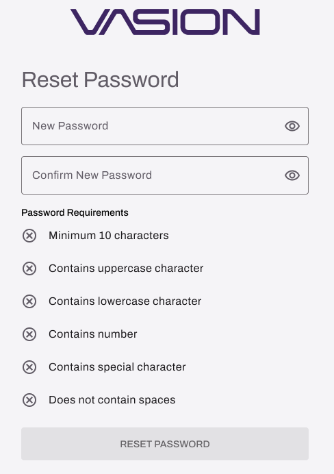 Reset Password and password requirements Reset Password page.