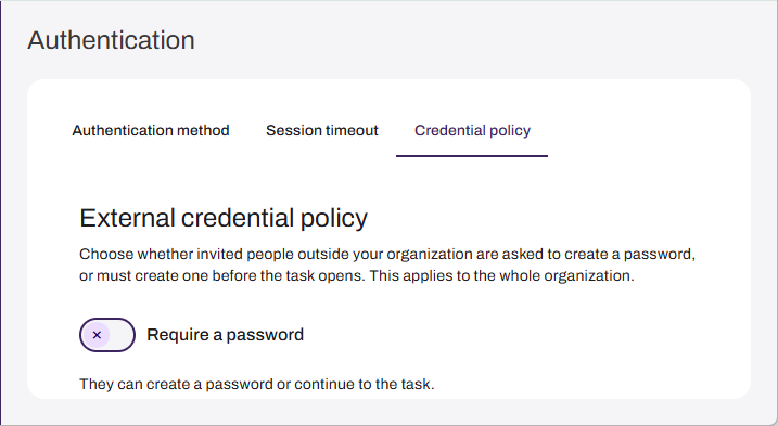 Authentication page showing "Credential policy" tab. Authentication page showing "Credential policy" tab.