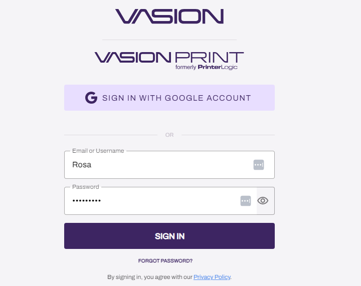 Vasion sign in Sign in with username and password