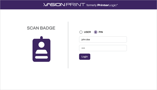 Login screen. Login screen with User ID and PIN values.