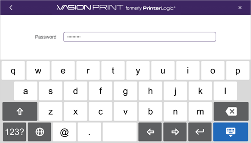 Password field and on-screen keyboard. Password field showing data entered and the on-screen keyboard underneath.