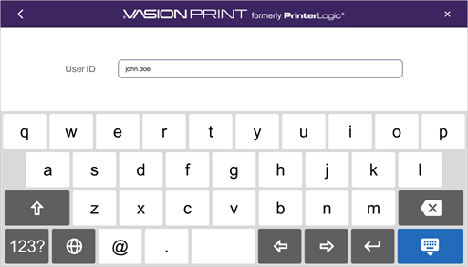 Enter User ID. Username field showing a User ID and the on-screen keyboard below.