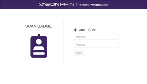 CPA Login screen. CPA login screen showing scan badge option on the left and user login option on the right.