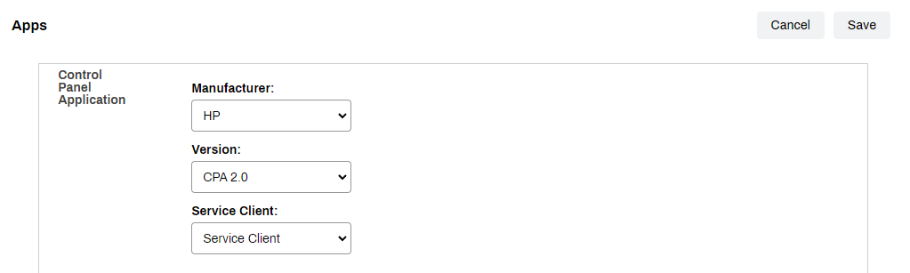 Admin Console showing printer's Apps tab. Admin Console showing printer's Apps tab.