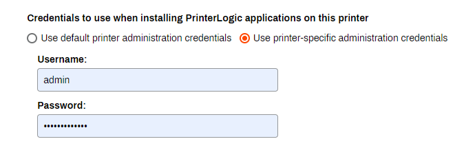 Admin Console showing printer's Apps tab and section about credentials. Admin Console showing printer's Apps tab and section about credentials.