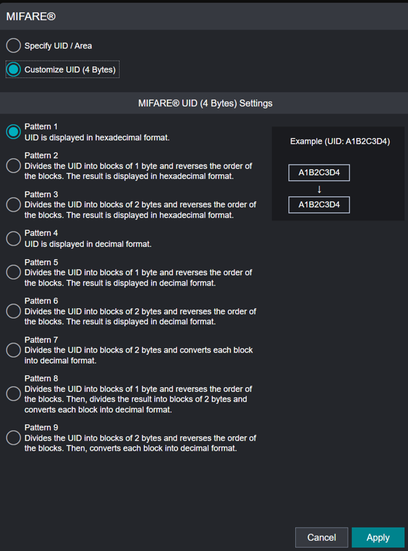 Fujifilm device showing MIFARE screen and configuration options. Fujifilm device showing MIFARE screen and configuration options.