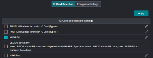 Fujifilm device showing showing "IC Card Selection and Settings" screen and MIFARE option selected. Fujifilm device showing showing "IC Card Selection and Settings" screen and MIFARE option selected.